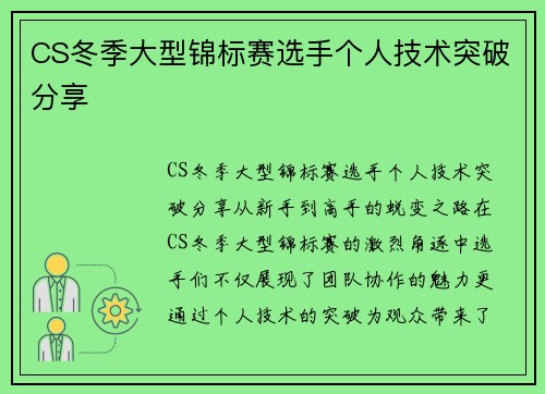 CS冬季大型锦标赛选手个人技术突破分享