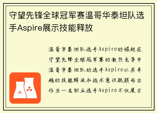守望先锋全球冠军赛温哥华泰坦队选手Aspire展示技能释放